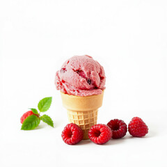 Raspberry ice cream cone with fresh raspberries and mint leaves  