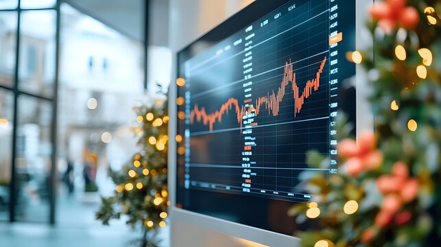 Financial market data displayed on digital screen with stock trading chart against blurred festive holiday office background with decorated Christmas tree and bokeh lights.