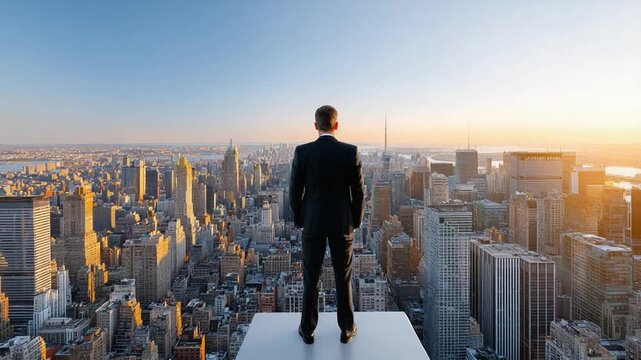 Visionary Perspective: A distinguished business leader gazes out from a high vantage point, overlooking a sprawling city, embodying ambition, strategic thinking, and the pursuit of goals.