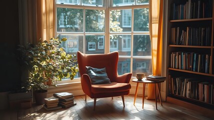 Cozy reading nook with orange armchair near bright window, wooden side table and bookshelf, indoor plant creating warm atmosphere for relaxation and study.