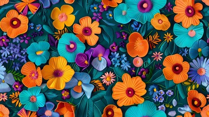 Vibrant floral pattern with orange, turquoise and purple flowers on dark background, featuring poppies, daisies and small wildflowers amid lush green foliage.