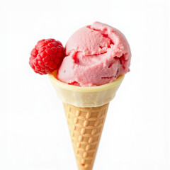Pink raspberry ice cream scoop in waffle cone with raspberry  