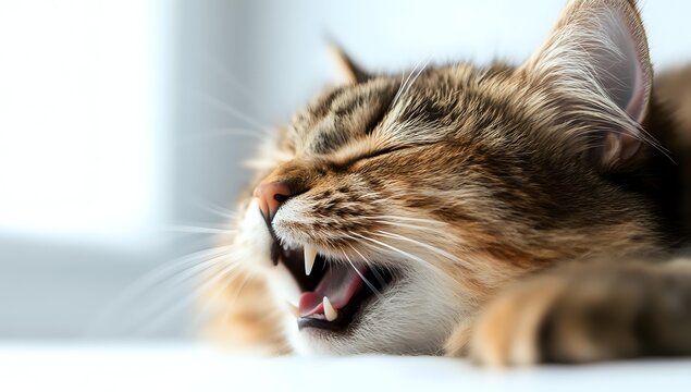 Sleepy brown tabby cat yawning and showing fangs while resting on white surface, close-up portrait with soft natural lighting and shallow depth of field.