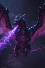 Fierce dragon unleashes powerful purple energy breath in dark mystical atmosphere