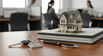 Real estate transaction scene with house model keys and pen on desk