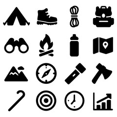 Fototapeta premium Essential Outdoors Icon Set: A comprehensive collection of iconic symbols for outdoor activities, featuring a tent, hiking boots, rope, backpack, binoculars, bonfire, water bottle, map, mountains.