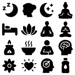 Serenity and Wellness Icons: A set of minimalist icons capturing the essence of tranquility and well-being. These images are ideal for illustrating concepts related to self-care, mindfulness, sleep.