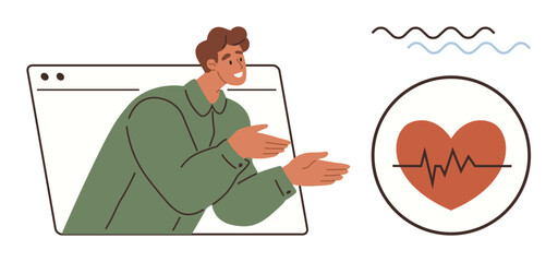 Person presenting heart health concepts through a virtual platform, emphasizing wellness. Ideal for healthcare, online learning, telemedicine, wellness coaching, public speaking, health