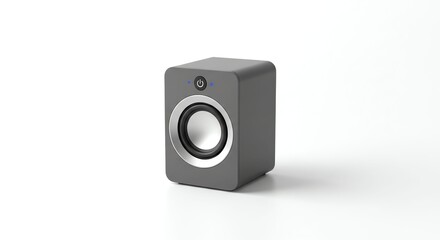 Compact Gray Computer Speaker with Power Button and Led Indicator on White Background