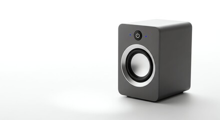 Fototapeta premium Compact Black Computer Speaker with Blue Power Indicator Light in Minimalist Design