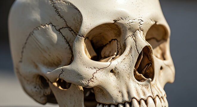 Human Skull Close Up Showing Cracks and Details in Natural Light
