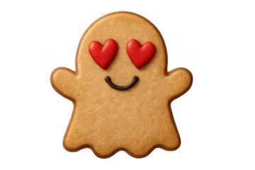 Gingerbread ghost cookie with heart eyes and smile