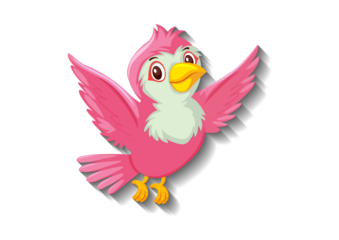 Cute pink bird flying isolated on transparent background in cartoon illustration