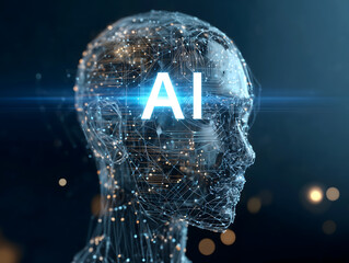 AIの未来を象徴するネットワーク構造と光る文字で表現されたデジタルな人間の横顔