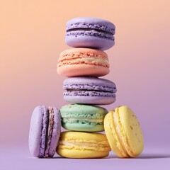 Colorful macarons stacked on top of each other against a soft gradient background during a sunny afternoon