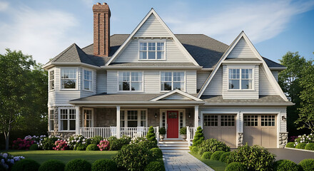 Victorian style two-story house with wrap-around porch and lush greenery