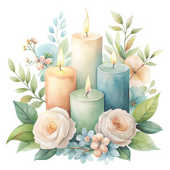 Watercolor illustration of  burning candles in soft pastel colors watercolor white background