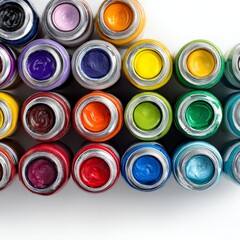 Colorful bottles of paint arranged in a creative style on a white surface for art projects and crafting activities