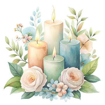 Watercolor illustration of  burning candles in soft pastel colors watercolor white background