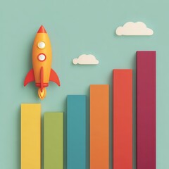 Colorful rocket launching above rising bar graph depicting growth and success in a creative business concept
