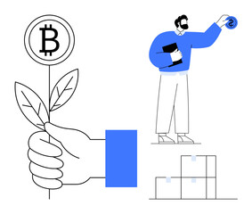 Hand holding plant with Bitcoin coin growing, man placing dollar coin above boxes. Ideal for cryptocurrency, investment, growth, finance, savings, innovation business strategies. Simple flat