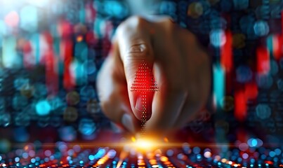 Finger pointing at glowing red arrow indicator on digital stock market chart background with bokeh lights, representing financial analysis and trading.