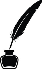 feather quill resting in an ink bottle, solid black silhouette
