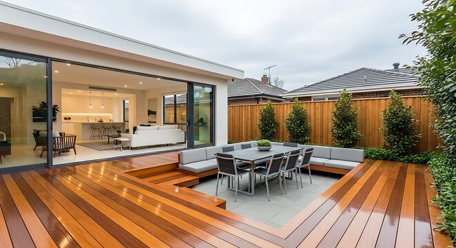 Modern backyard oasis with outdoor dining and living area adjacent to home