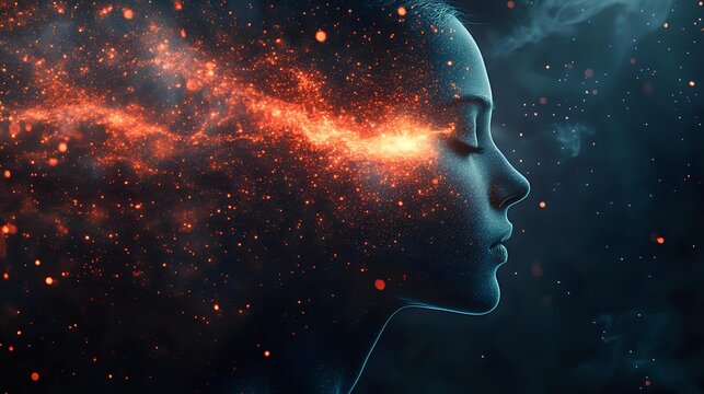 Mystical female profile silhouette with glowing orange particles and cosmic energy emerging from mind against starry night sky background, representing consciousness.
