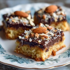 Delicious chocolate almond squares on a decorative plate perfect for dessert