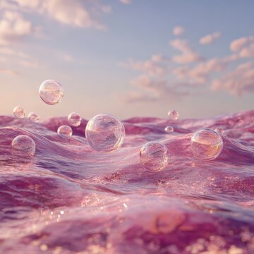 Colorful bubbles float above smooth pink waves during sunset, creating a surreal and calming atmosphere in a tranquil landscape