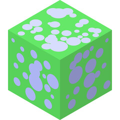 Isometric Green Cube with Light Purple Irregular Spots Abstract Geometric Shape Isolated on White Background Realistic 3D Rendering