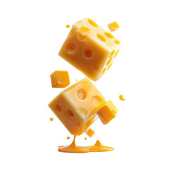 Cheese cubes in mid-air, dripping