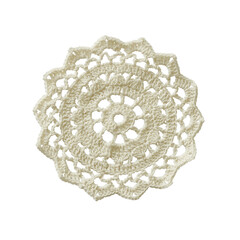 Clouseup of white crochet doily isolated on white or transparent background. Top view.