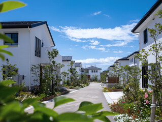 青空と緑に囲まれた新築戸建て住宅街の風景モダンな白い外観の家々が並ぶ道路不動産賃貸住宅販売のイメージ