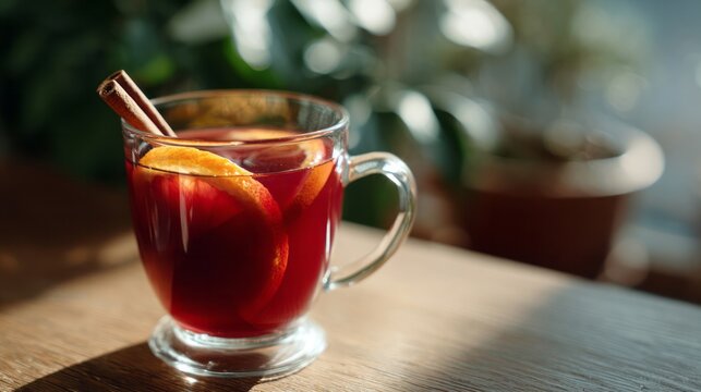 Mulled wine in sunlight, fragrant with cinnamon and citrus, evokes Yuletide warmth and cozy hygge gatherings