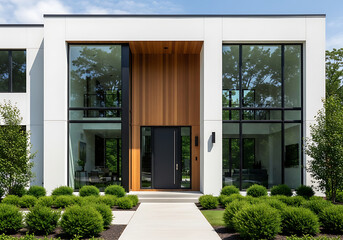 Modern luxury home exterior with large glass windows and wood accents