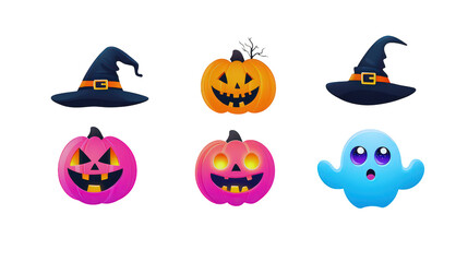Fototapeta premium Halloween icon collection features spooky pumpkins, witch hats, and cute ghost
