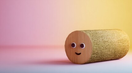 Whimsical log character against dreamy pastel hues, embodying World Smile Day joy and Nordic fabled tree spirits, spreading cheer