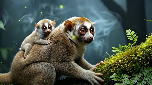 Slow Loris baby clings to branch under firefly glow in humid jungle night