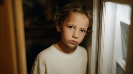Young Caucasian boy, pensive in the twilight, evokes nostalgia of Quiet Day and the introspection of Worry Dolls