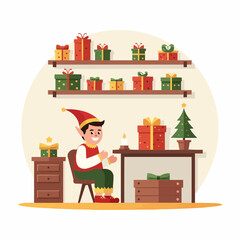 Elf sitting at a table working on gifts in a minimal Christmas workshop  