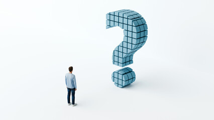 Man standing before a giant question mark built from rigid cubes, symbolizing structured problems, complexity, and analytical challenges, 3d render