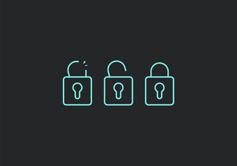 neon color padlock outline icon include with broken and open unlocked padlock icon