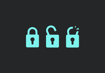 Set neon color padlock icon include with broken and unlocked padlock icon