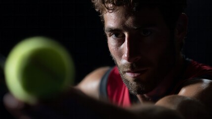 A focused Caucasian man in intense shadow grips a neon tennis ball, embodying International Tennis Day's vibrant spirit