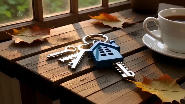 Dream home unlocked! Bundle of keys with a charming blue house keychain rests on rustic wood, hinting at new beginnings and cozy autumn evenings.