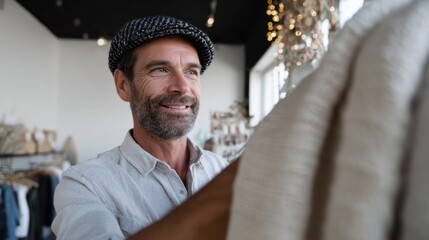 Cheerful Caucasian man in tweed cap surveys cozy knitwear, embodying Hug a Sweater Day, hygge admiration, artisan appreciation
