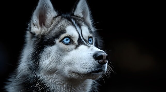 Dramatic portrait of Siberian Husky with piercing blue eyes against dark background, showcasing distinctive facial markings and alert expression. Perfect for pet photography.