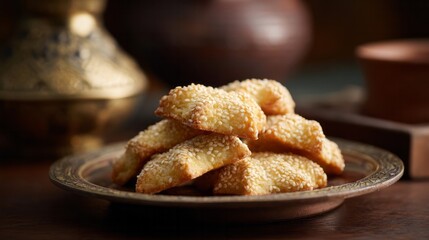 Golden sesame cookies gleam under warm light, evoking Lunar New Year joy and ancient tea ceremony whispers